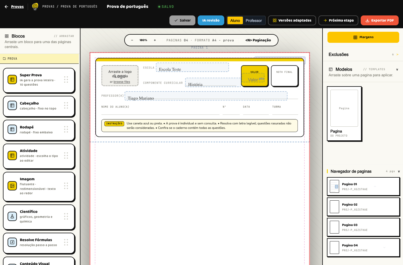 Editor com o cabeçalho da escola pronto e a lista de blocos à esquerda