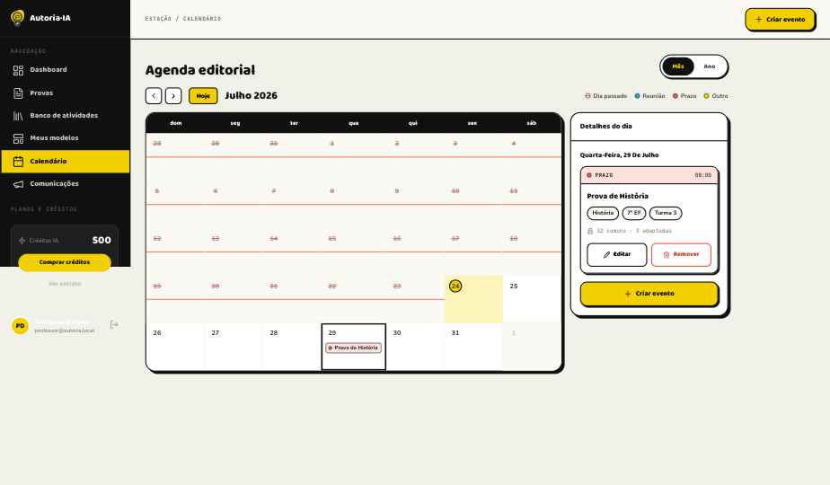 Calendário de avaliações da plataforma
