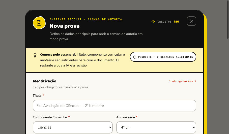 Modal de nova prova na plataforma